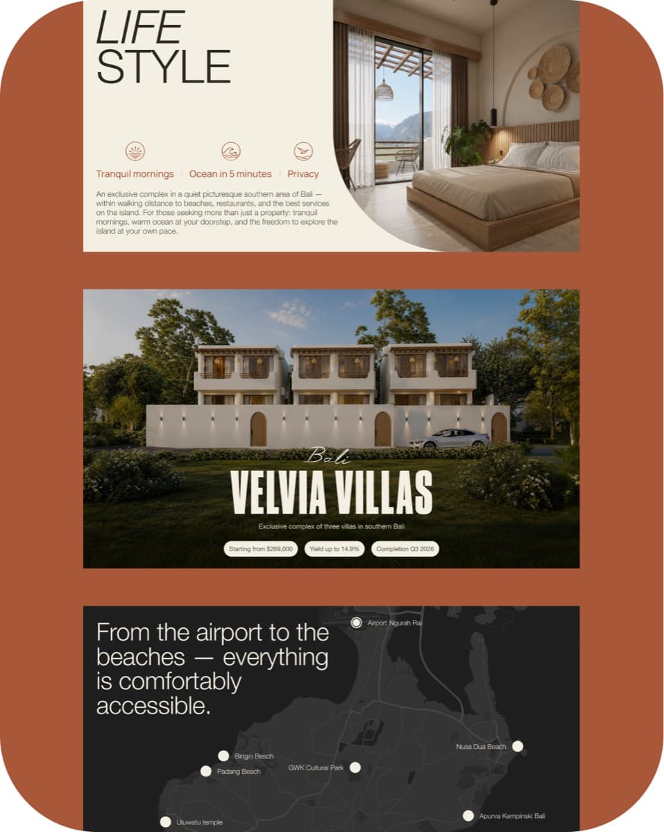 Velvia Villas — блоки сайта: образ жизни, виллы, карта